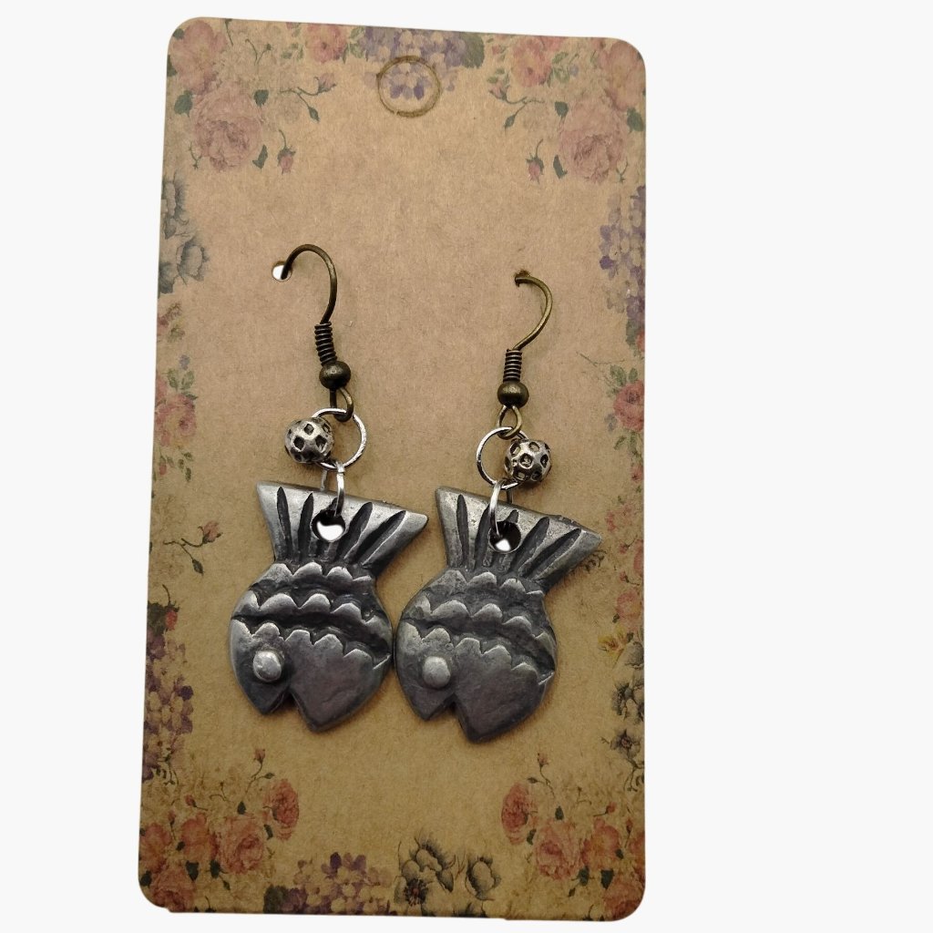 Fish Shaped Metal Earrings Hook Bead Accent Silver Tone 15$